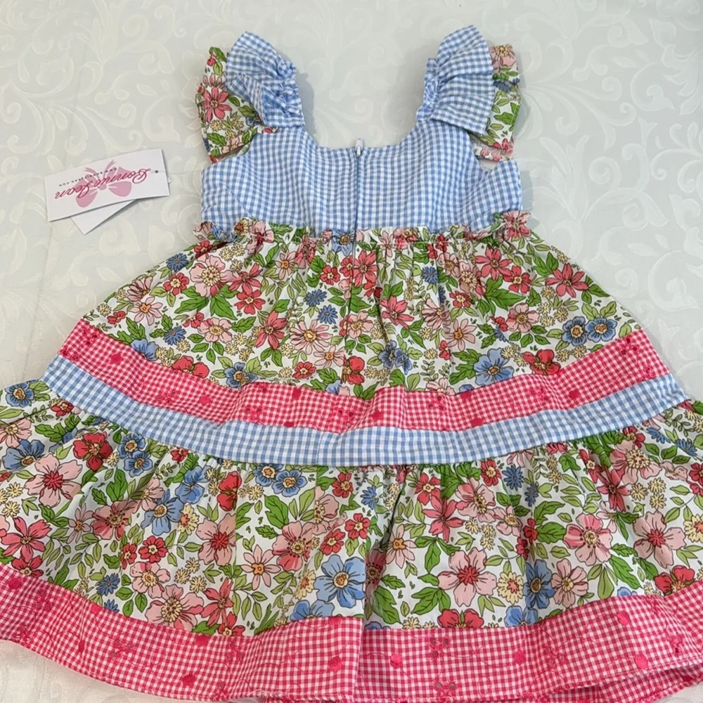 Bonnie Jean Flutter Sleeves Mixed Print Dress with Matching Hat. 3T - Picture 10 of 12